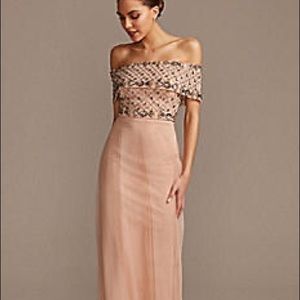 Beaded Bodice mesh overlay off shoulder gown